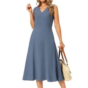 Women's Linen Dress Summer V Neck Casual Tank Midi Dress Dusty Blue